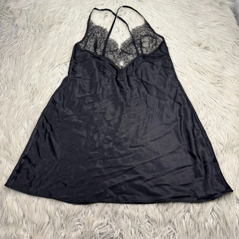 Victoria's Secret Women's M Black Satin‎ Lace Bust Strappy Nighty Gown Coquette
